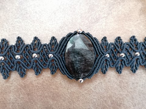 Bracelet _micro_macramé_fils_cirés_linhasita_minéraux_obsidienne_argentée_fée_un_rêve