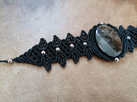 Bracelet _micro_macramé_fils_cirés_linhasita_minéraux_obsidienne_argentée_fée_un_rêve