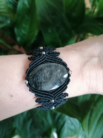 Bracelet _micro_macramé_fils_cirés_linhasita_minéraux_obsidienne_argentée_fée_un_rêve