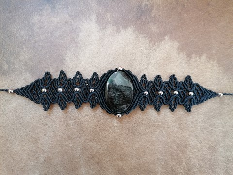 Bracelet _micro_macramé_fils_cirés_linhasita_minéraux_obsidienne_argentée_fée_un_rêve